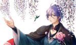  1boy ahoge animal bird blue_eyes cape flower hair_between_eyes hummingbird japanese_clothes kasen_kanesada long_sleeves looking_at_viewer male_focus outstretched_arm palms parted_lips petals purple_hair reaching red_ribbon ribbon rowya smile touken_ranbu upper_body white_background wide_sleeves wisteria 