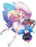 1girl :d absurdres bare_arms blonde_hair blue_shoes blush braid cosmog dress full_body green_eyes hat highres lillie_(pokemon) long_hair looking_at_viewer open_mouth pokemon pokemon_(creature) pokemon_(game) pokemon_sm sharumon shoes short_dress simple_background sleeveless sleeveless_dress smile solo sparkle star_(sky) sun_hat twin_braids white_background white_dress white_hat 