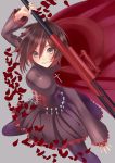  breasts cape grey_eyes hood lolita_fashion petals rose_petals ruby_rose rwby short_hair thigh-highs weapon 