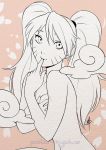  1girl artist_name breasts covering covering_breasts daniel_macgregor finger_to_mouth genderswap monochrome naruko naruto nude smoke solo twintails upper_body uzumaki_naruto watermark whiskers 
