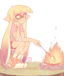  1girl bandaid bandaid_on_nose campfire fire green_eyes inkling marshmallow nintendo pointy_ears rock sally_(luna-arts) shoes smile sneakers solo splatoon tentacle_hair watch 
