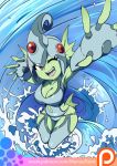  00s breasts cleavage digimon digimon_frontier fingerless_floves green_skin headgear looking_at_viewer maniacpaint monster_girl navel navel_cutout oddmachine perspective ranamon red_eyes water whirlpool wink 