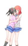  2girls bangs black_hair blush bow bowtie cardigan couple eye_contact height_difference hug long_hair long_sleeves looking_at_another love_live!_school_idol_project multiple_girls nishikino_maki plaid plaid_skirt pleated_skirt red_eyes redhead school_uniform shirt short_hair short_sleeves simple_background skirt smile striped sweater_vest swept_bangs twintails violet_eyes white_background white_shirt yazawa_nico yuri 