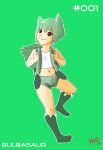  1girl backpack bag bulbasaur green_hair pokemon red_eyes scorchingnova shorts 