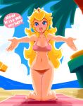  1girl beach bikini blonde_hair blue_eyes blush looking_at_viewer princess_peach super_mario_bros. swimsuit 