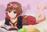  1girl artist_request ass barefoot book brown_hair fingerless_gloves gloves goggles goggles_on_head green_eyes legs legs_up looking_at_viewer lying on_stomach rita_mordio shadow short_hair smile solo tales_of_(series) tales_of_vesperia 