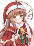  1girl ahoge bell blush brown_eyes brown_hair capelet commentary_request fur-trimmed_capelet gradient gradient_background hat heart heart_ahoge highres huge_ahoge kantai_collection kuma_(kantai_collection) long_hair masayo_(gin_no_ame) pink_background ribbon santa_costume santa_hat smile solo upper_body white_background 