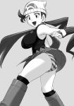  00s 1girl ass beanie black_hair blush boots breasts female hat highres hikawadou huge_breasts long_hair looking_at_viewer mitsumi_(pokemon) monochrome panties pantyshot pokemon pokemon_dp_legend scarf solo thick_thighs underwear upskirt 
