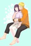  1boy 1girl blue_eyes boruto:_the_movie hal_(sakurajam) hug hug_from_behind husband_and_wife hyuuga_hinata lavender_eyes naruto purple_hair simple_background sitting sitting_on_lap sitting_on_person uzumaki_naruto whiskers 