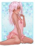  1girl bangs bare_shoulders blush breasts chloe_von_einzbern dark_skin fate/kaleid_liner_prisma_illya fate_(series) finger_to_mouth head_tilt highres long_hair looking_at_viewer naughty_face nightgown parted_lips pink_hair see-through shou_xun_bu_liang side_ponytail sitting small_breasts smile solo wariza yellow_eyes 