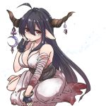  1girl ahoge bandage bare_shoulders black_gloves black_hair breasts danua demon_girl dress female fingerless_gloves gloves granblue_fantasy horns jewelry large_breasts long_hair long_skirt looking_at_viewer necklace negiko pointy_ears red_eyes simple_background sitting skirt solo white_background 