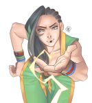  1girl asymmetrical_hair black_hair blowing breasts cleavage collarbone cornrows electricity front-tie_top hanging_breasts laura_matsuda leaning leaning_forward looking_at_viewer solo street_fighter street_fighter_v talez wristband 