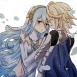  1boy 1girl aqua_(fire_emblem_if) armor artist_request blue_hair blush breasts cape closed_eyes couple cousins dancer female fire_emblem fire_emblem_if incest long_hair my_unit_(fire_emblem_if) nintendo open_mouth pointy_ears smile water white_hair yellow_eyes 