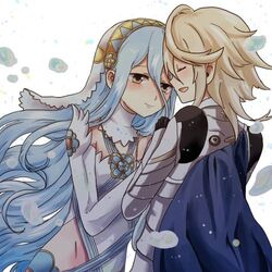  1boy 1girl aqua_(fire_emblem_if) armor artist_request blue_hair blush breasts cape closed_eyes couple cousins dancer female fire_emblem fire_emblem_if incest long_hair my_unit_(fire_emblem_if) nintendo open_mouth pointy_ears smile water white_hair yellow_eyes 