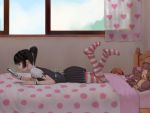  1girl bed cellphone dog henti lying on_stomach pet phone poodle striped striped_legwear stuffed_animal thigh-highs 