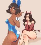  2girls animal_ears asami_sato ass avatar:_the_last_airbender avatar_(series) bare_legs bare_shoulders beige_background black_hair breasts brown_hair bunny_tail bunnysuit cleavage couple cuff_links dark_skin demon_horns demon_tail detached_cuffs detached_sleeves devil_costume elbow_gloves eyeshadow fake_animal_ears fake_horns fake_tail fishnet_pantyhose fishnets gloves highleg highleg_leotard highres horns korra legs_crossed leotard long_hair makeup mouse_ears multiple_girls pantyhose parted_lips playboy_bunny_leotard rabbit_ears short_hair simple_background superboin tail the_legend_of_korra wrist_cuffs 