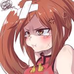 1girl :t anger_vein angry arc_system_works bandage bare_shoulders blush breasts brown_eyes brown_hair guilty_gear guilty_gear_xrd guilty_gear_xrd:_revelator hair_ornament hair_ring kuradoberi_jam long_hair pout squiggle tears twintails