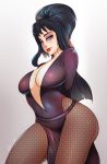  1girl arms_behind_back black_hair blue_eyes breasts cleavage elvira female gradient gradient_background large_breasts long_hair looking_at_viewer pantyhose smile solo standing superboin white_background 