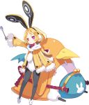  1girl animal_ears black_legwear blonde_hair disgaea earmuffs expressionless flat_gaze hairband harada_takehito highres leotard makai_senki_disgaea_5 official_art pantyhose prinny rabbit_ears red_eyes scarf shoes short_hair spoon standing transparent_background usalia_(disgaea) 