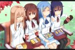  4girls bench black_legwear blue_hair can closed_eyes coca-cola doma_umaru eating ebina_nana food himouto!_umaru-chan leaf long_hair motoba_kirie multiple_girls open_mouth outdoors ponytail skirt tachibana_sylphynford 