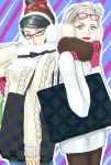  2girls bag bayonetta bayonetta_(character) beehive_hairdo black_hair earmuffs eyeshadow glasses glasses_on_head gloves hand_on_earmuffs jeanne_(bayonetta) lipstick makeup mole multiple_girls nasu_(roda_de_estrela) ribbon short_hair silver_hair sweater 