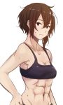  1girl abs artist_request breasts brown_eyes brown_hair cleavage female looking_at_viewer midriff navel solo sports_bra sweat upper_body 