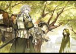  1boy 1girl armor blonde_hair bull cloak gauntlets grey_eyes highres hood hooded_cloak looking_at_viewer original saberiii sheath sheathed silver_hair sword tree weapon 