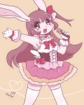  1girl artist_request brown_eyes brown_hair female furry long_hair microphone open_mouth rabbit skirt solo 