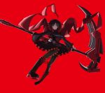  1girl belt black_legwear boots cape gothic_lolita grey_eyes hood lolita_fashion red_cape ruby_rose rwby scythe short_hair 