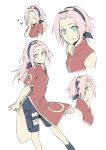  1girl aqua_eyes arms_behind_back bandage bare_shoulders bike_shorts breasts character_sheet closed_eyes dress haruno_sakura headband headdress long_hair looking_at_viewer naruto pink_hair red_dress red_shirt shirt short_hair short_sleeves shorts side_slit sleeveless sleeveless_shirt smile standing thigh_strap upper_body xia_(ryugo) zipper 