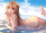  1girl ass barefoot bikini blonde_hair blue_sky bottomless clouds feet hair_flaps hair_ribbon highres kantai_collection leg_up licking_lips long_hair ocean red_eyes remodel_(kantai_collection) ribbon sky smile solo swimsuit tongue tongue_out water weiyinji_xsk white_bikini white_swimsuit yuudachi_(kantai_collection) 