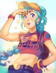  1girl asia_kendrick-horton backpack bag bandaid belt blue_hair bracelet braid braided_ponytail bulma crop_top dragon_ball earrings goggles goggles_around_neck hand_on_hip jewelry looking_at_viewer midriff nail_polish navel open_mouth ponytail single_glove solo stomach upper_body watch 