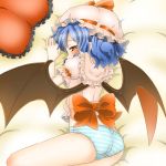  1girl ass bat_wings bed_sheet colored_eyelashes from_behind highres lavender_hair looking_at_viewer lying no_pants on_side panties pink_shirt puffy_short_sleeves puffy_sleeves red_eyes remilia_scarlet shirt short_hair short_sleeves slit_pupils striped striped_panties touhou umo underwear wavy_hair wings 