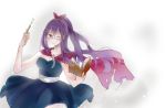 1girl anbour book cape fairy_tail glasses long_hair lucky_ollietta one_eye_closed purple_hair simple_background solo violet_eyes white_background 