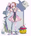  1girl brown_hair dress gloves halloween high_heels iesupa multicolored_hair neo_(rwby) pink_hair pumpkin rwby solo striped_legwear twintails umbrella 