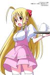  1girl ahoge blonde_hair blush drill_hair hayate_no_gotoku! highres long_hair red_eyes skirt socks solo teacup teapot tennousu_athena tray waitress 