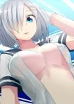 1girl 32._(32_sats) blue_eyes breasts dated gloves hair_ornament hair_over_one_eye hairclip hamakaze_(kantai_collection) highres kantai_collection lips looking_at_viewer navel no_bra open_clothes open_mouth open_shirt shirt short_hair silver_hair solo white_gloves 