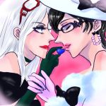  2girls bayonetta bayonetta_(character) bayonetta_2 black_hair candy dress earrings eyeshadow feeding glasses glasses_on_head hat jeanne_(bayonetta) jewelry lipstick long_hair makeup multiple_girls short_hair silver_hair tomatohausu yuri 