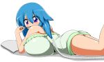  1girl absurdres ass bare_shoulders blue_hair book breasts chocolate eating female gigantic_breasts highres long_hair long_twintails lying moralgear on_stomach original simple_background solo thighs twintails violet_eyes white_background 