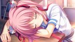  1girl ahoge belt blush bow closed_eyes closed_mouth female g.i.b._girls_in_black game_cg hair_bow hair_ornament hair_ribbon kurokawa_yukano pink_hair red_bow red_ribbon ribbon school_uniform serafuku short_hair short_sleeves sleeping smile solo sunbeam table tenmaso twintails whirlpool_(studio) 