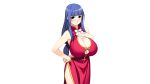  1girl bare_shoulders blue_eyes blue_hair blush breasts china_dress chinese_clothes cleavage dress fuutou_shizune huge_breasts kareshi_inai_reki_nenrei long_hair looking_at_viewer oshioki_sweetie smile solo standing 