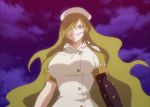  1girl blonde_hair blue_eyes breasts clouds fairy_tail female grin hair_over_one_eye hat highres nurse nurse_cap ophiuchus_(fairy_tail) screencap smile solo stitched 
