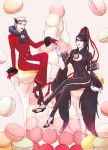  2girls aontsu bayonetta bayonetta_(character) bodysuit breasts cleavage feather food glasses glasses_on_head jeanne_(bayonetta) jewelry legs_crossed lipstick looking_at_viewer makeup mole multiple_girls pendant ribbon short_hair silver_hair sitting 