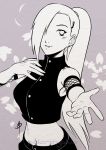  1girl arm_warmers buttoned daniel_macgregor hair_over_one_eye looking_at_viewer midriff monochrome naruto naruto_shippuuden navel ponytail sleeveless smile solo upper_body yamanaka_ino 