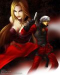  1boy 1girl blonde_hair breasts cleavage couple dante_(devil_may_cry) devil_may_cry devil_may_cry_2 sword trish_(devil_may_cry) weapon 