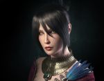  1girl bare_shoulders black_hair dragon_age dragon_age:_origins fantasy feathers highres jewelry lips long_nails magic morrigan necklace pale_skin realistic ring short_hair solo swept_bangs yellow_eyes 