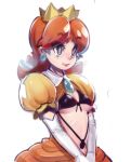  1girl bikini bikini_top blue_eyes breastless_clothes breasts bridal_gauntlets brown_hair crown dress earrings elbow_gloves front-tie_top gloves jewelry long_hair midriff nintendo princess_daisy puffy_short_sleeves puffy_sleeves shirt_lift sho-n-d short_sleeves small_breasts smile solo super_mario_bros. super_mario_land swimsuit under_boob upper_body v_arms white_gloves 