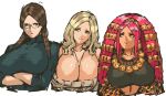  3girls absurdres bangs between_breasts big_hair blonde_hair blunt_bangs braid breasts brown_hair curly_hair dark_skin earrings glasses glasses_girl_(nameo) green_eyes hair_ornament highres huge_breasts jacket jewelry large_breasts long_hair multicolored_hair multiple_girls nameo_(judgemasterkou) no_bra open_clothes open_jacket original parted_bangs pink_hair semi-rimless_glasses short_hair shorts simple_background standing twin_braids under-rim_glasses 