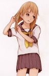  1girl adjusting_hair bangs blonde_hair brown_eyes child collarbone female happy looking_to_the_side ryonma school_uniform serafuku simple_background smile solo white_background 