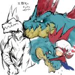  1girl claws female feraligatr fukurou_(owl222) hat heart highres hug kotone_(pokemon) monster nintendo pokemon ponytail redesign reptile sketch smile spikes tail 
